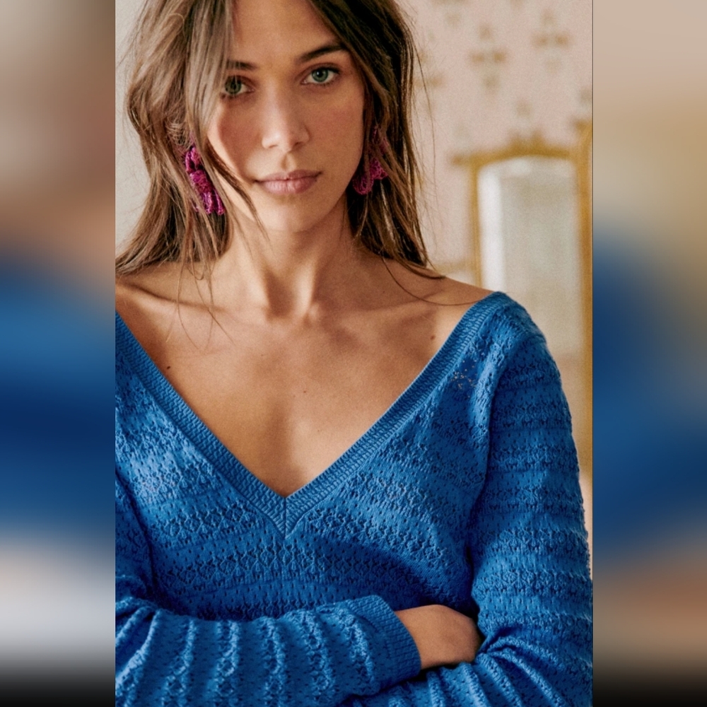 NWT! Sezane Azure Blue Organic Cotton V-Neck Gretha Sweater Reversible Size XXS